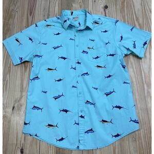 Haggar Mens XL Short Sleeve Button Shirt Teal Marlin Print